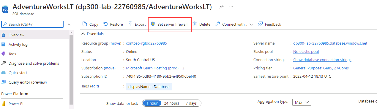 Screenshot showing selecting Set server firewall