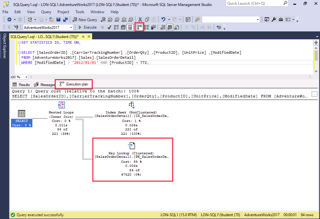 Screenshot showing the execution plan for the query