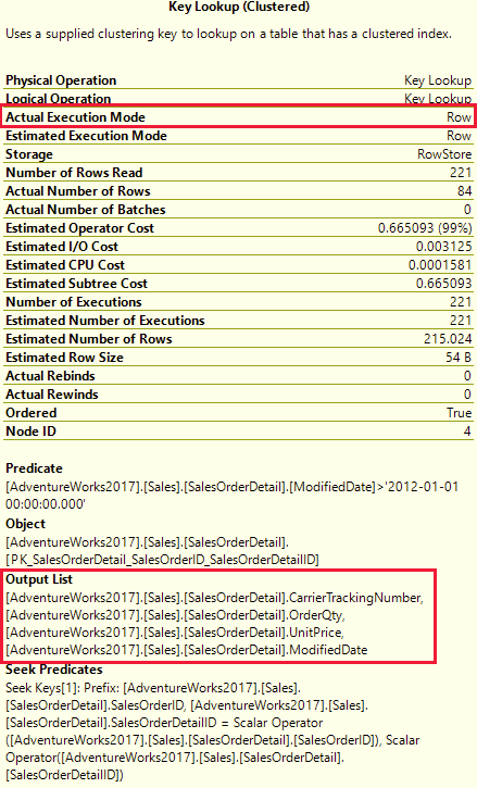 Screenshot showing the output list of columns