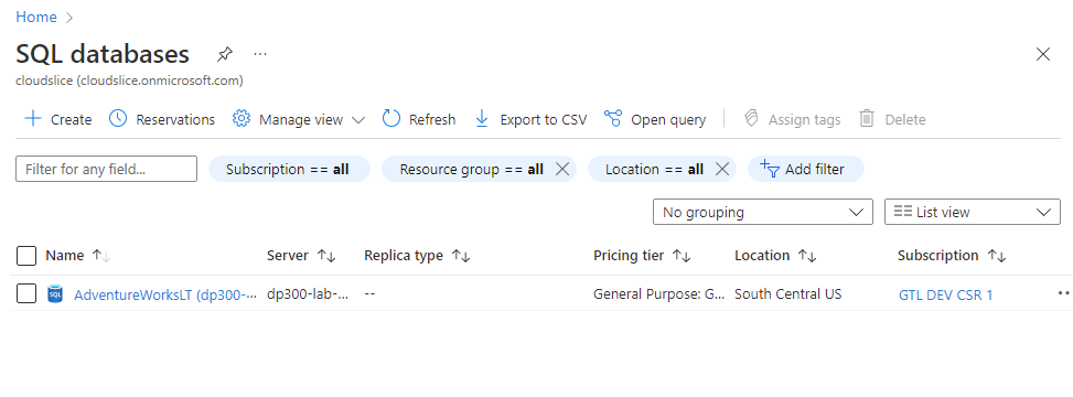 Screenshot of selecting a SQL database