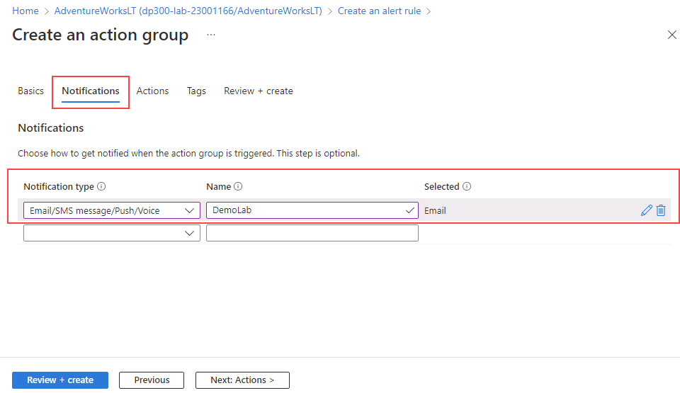 Screenshot of the Create action group page with information added