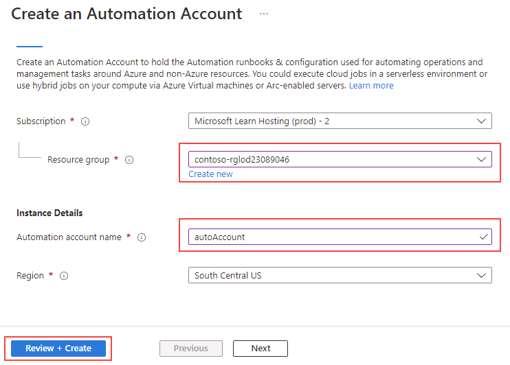 Screenshot of the Add Automation Account screen.