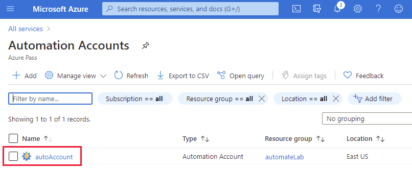 Screenshot of selecting the autoAccount automation account.
