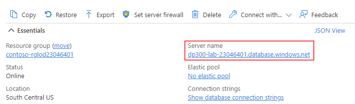 Screenshot of copying the server name.