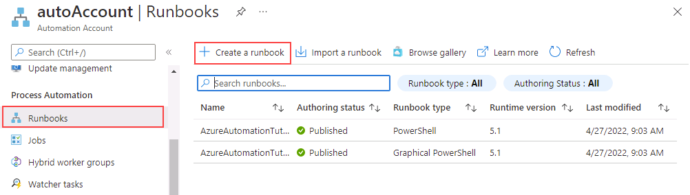 Screenshot of the Runbooks page, selecting Create a runbook.