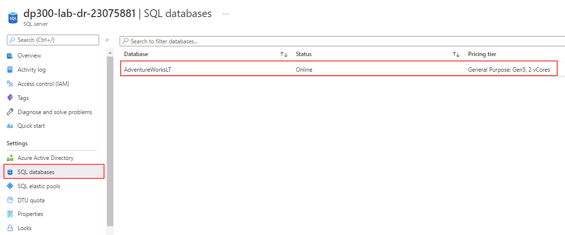 Screenshot showing SQL databases option.