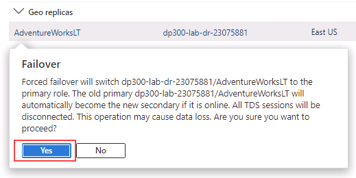 Screenshot showing a forced failover warning message.