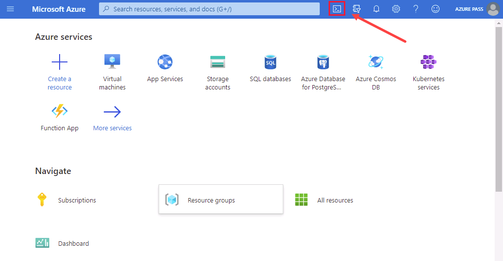 Screenshot of cloud shell icon on Azure portal.