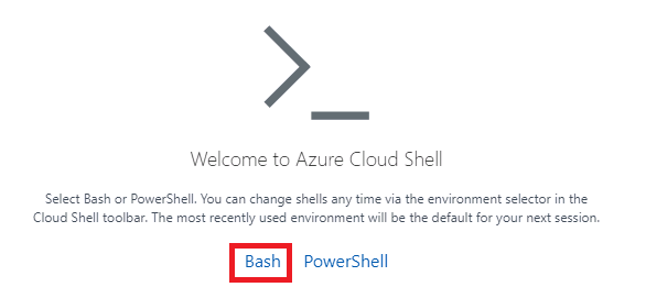 Screenshot of welcome page for cloud shell on Azure portal.