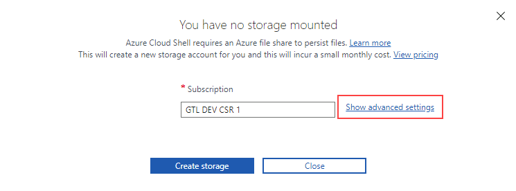 Screenshot of create storage for cloud shell on Azure portal.