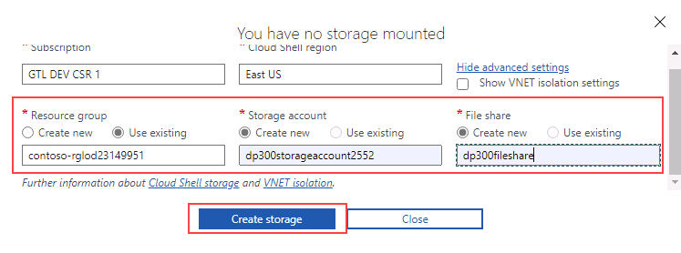 Screenshot of the create storage account and file share on Azure portal.