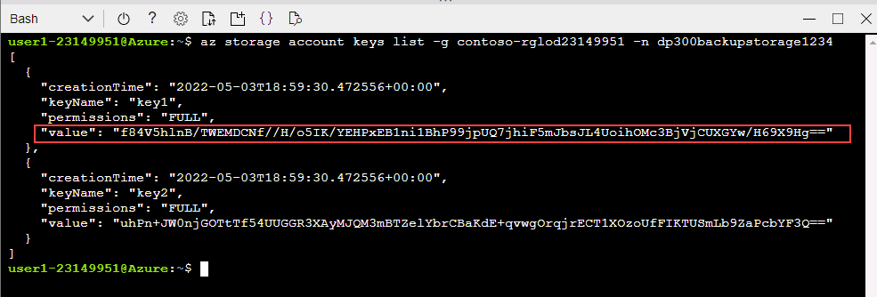 Screenshot of the storage account key on Azure portal.