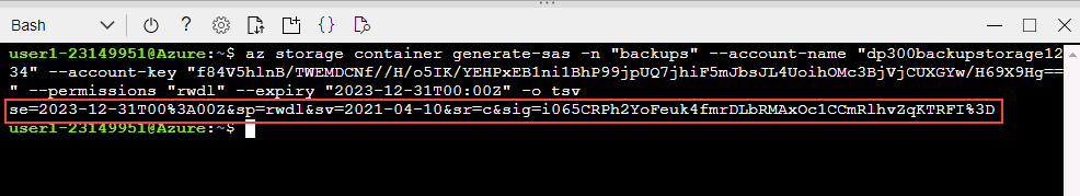 Screenshot of the shared access signature key.