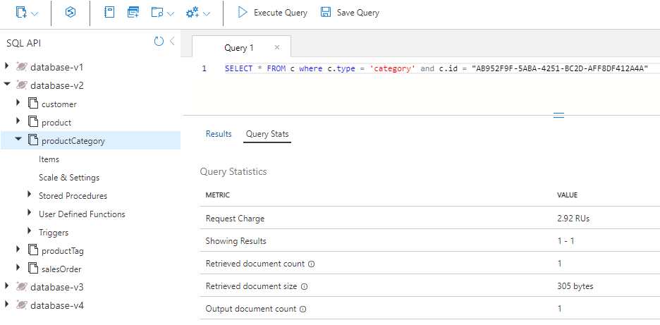 Data Explorer で実行したクエリのクエリ統計のスクリーンショット。