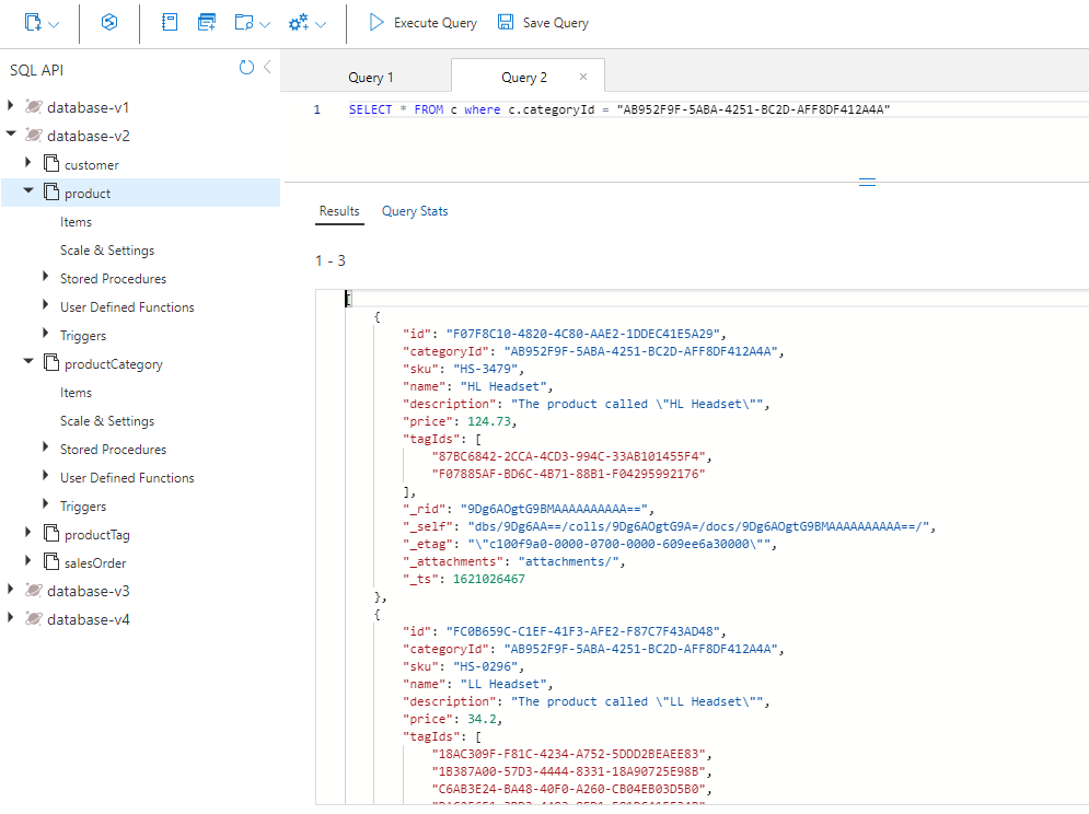 製品コンテナーのクエリの結果が示されている Azure Cosmos DB データ エクスプローラーのスクリーンショット。