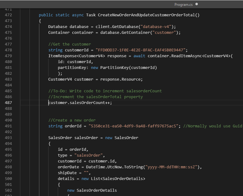 Screenshot of the create new order and update customer total function with the line of code to increment sales order count by one.