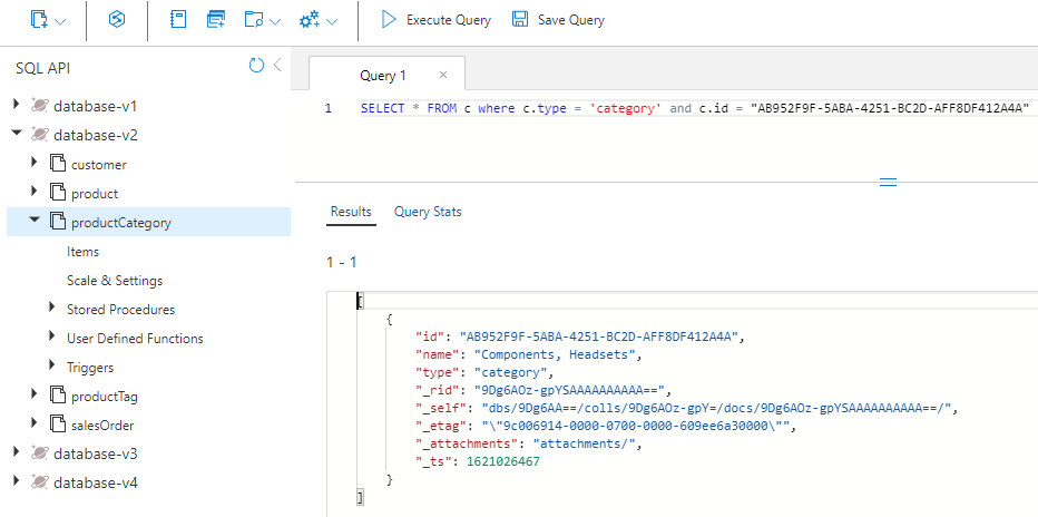 Screenshot that shows the results of the query to the product category container.