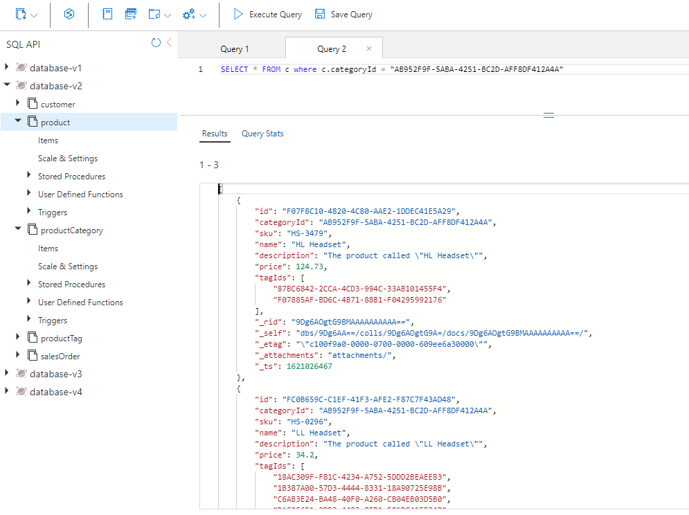 Screenshot of Azure Cosmos DB Data Explorer that shows the results of the query to the product container.