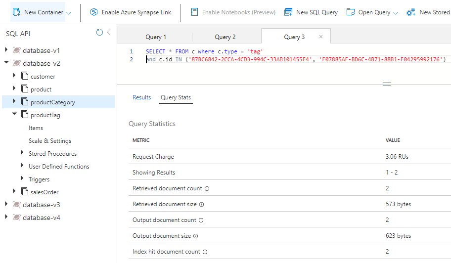 Screenshot of the results of the query to the product tag container for hl headsets query stats.