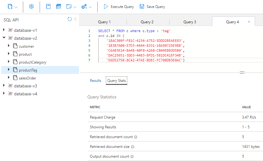 Screenshot of the results of the query to the product tag container for 'LL Headset' query stats.