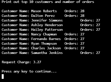 Screenshot of Cloud Shell, showing the output for your top 10 customers query.