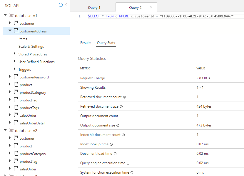 Screenshot that shows the query stats for customer address query in the database.