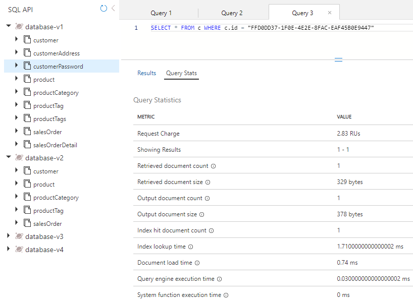 Screenshot that shows the query stats for customer password query in the database.