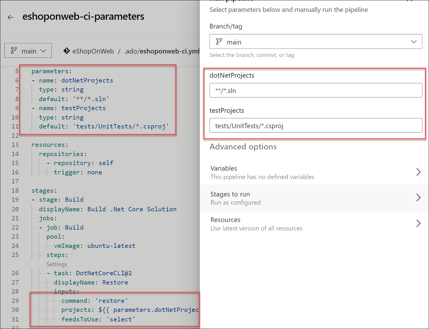 Screenshot der Pipelineausführung mit Parametern.