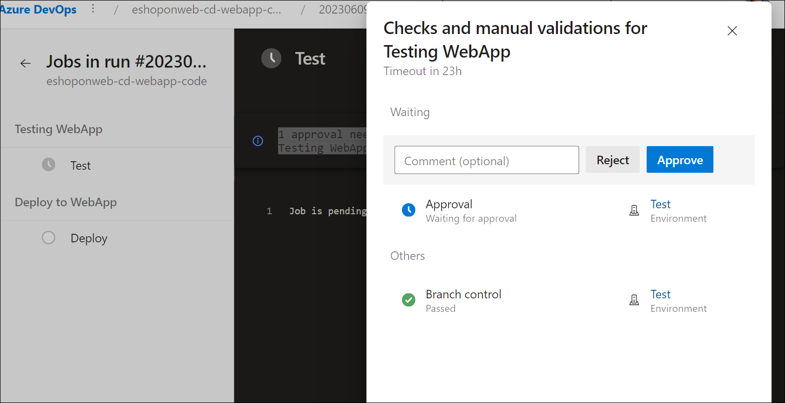 Screenshot der Pipeline mit der zu genehmigenden Testphase“.