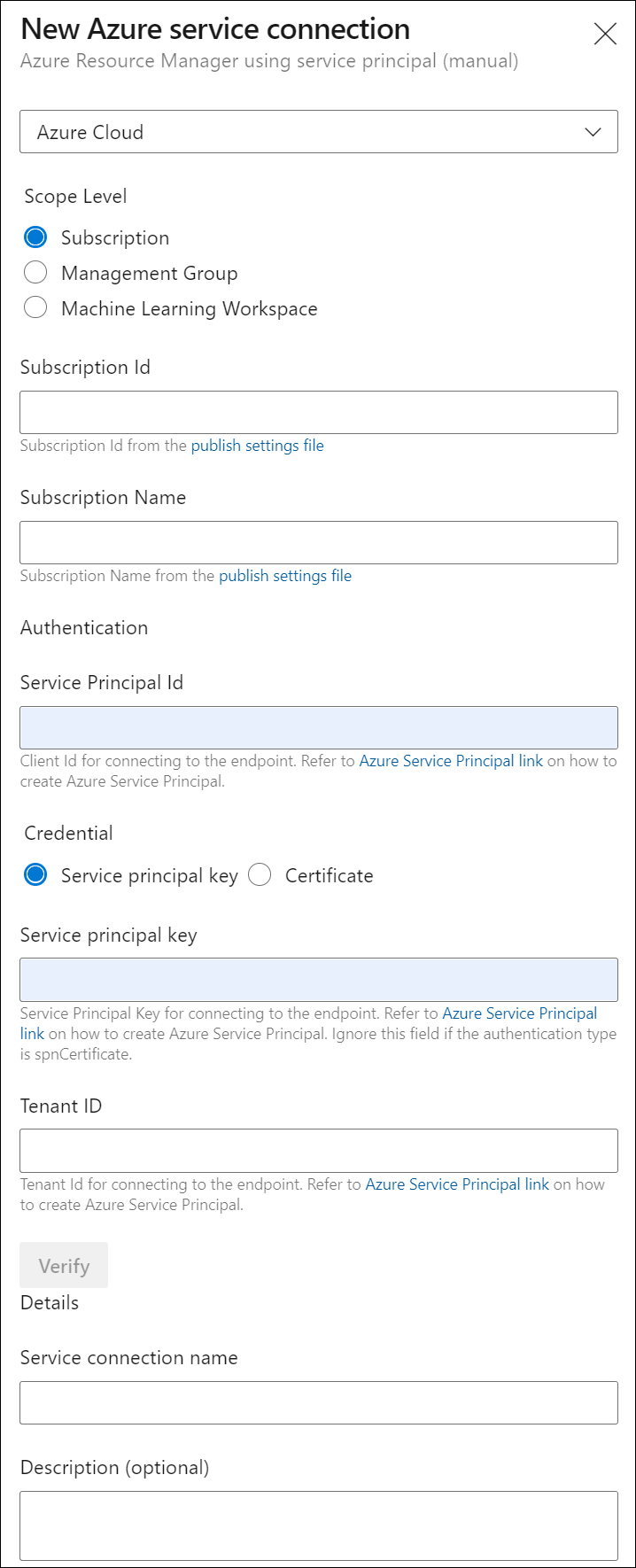 Captura de pantalla de la configuración de conexión de servicios de Azure