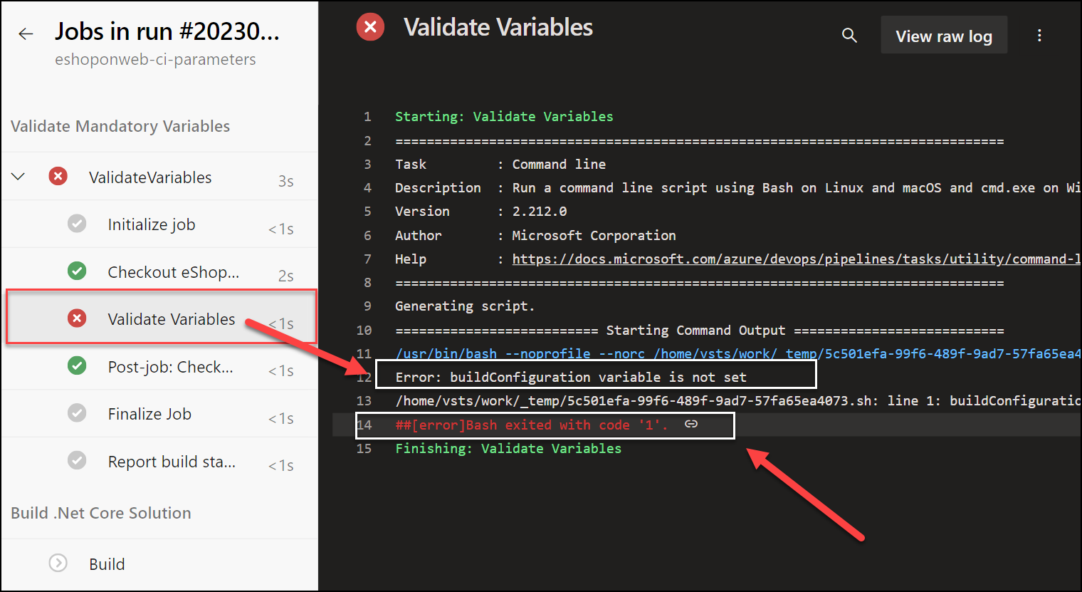 Captura de pantalla de la ejecución de canalización con error de validación.