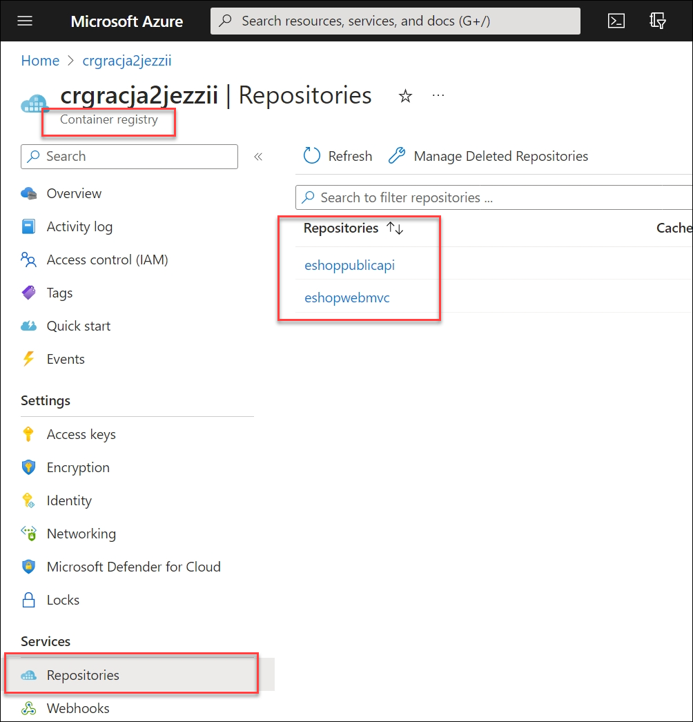 Capture d'écran des images conteneurs dans ACR à partir du Portail Azure.