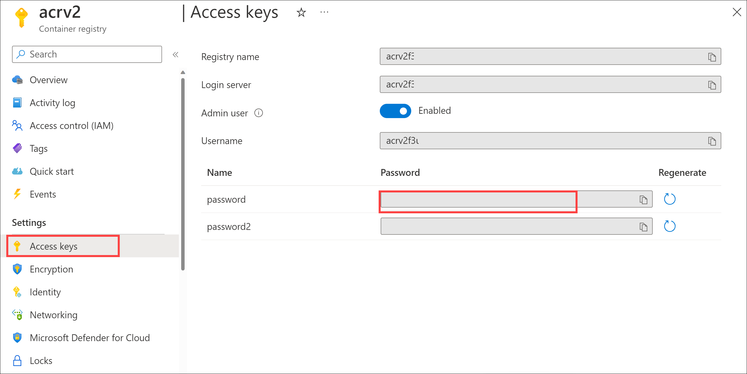 [アクセス キー] 設定での ACR パスワードのスクリーンショット。