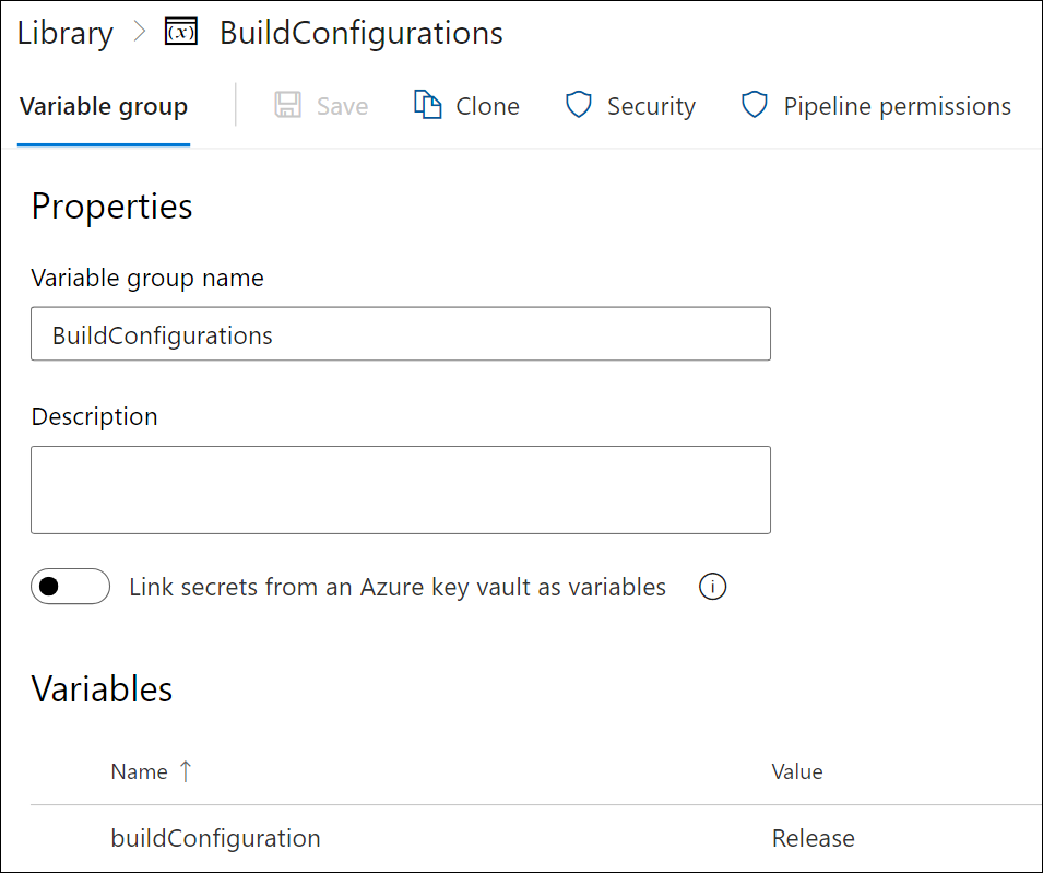 BuildConfigurations を含む変数グループのスクリーンショット。