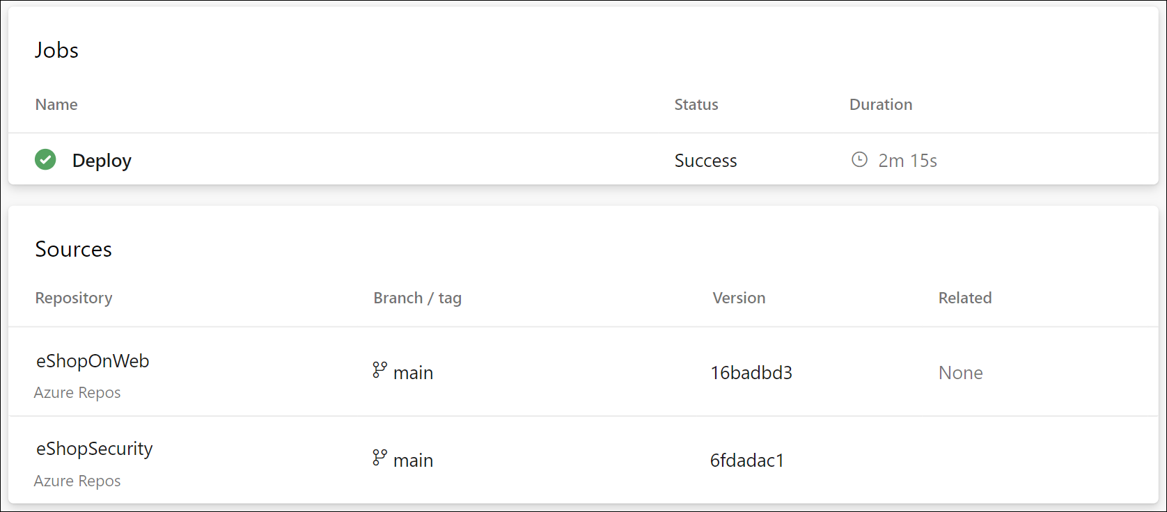 eShopSecurity リポジトリの YAML テンプレートが使用されているパイプライン実行のスクリーンショット。