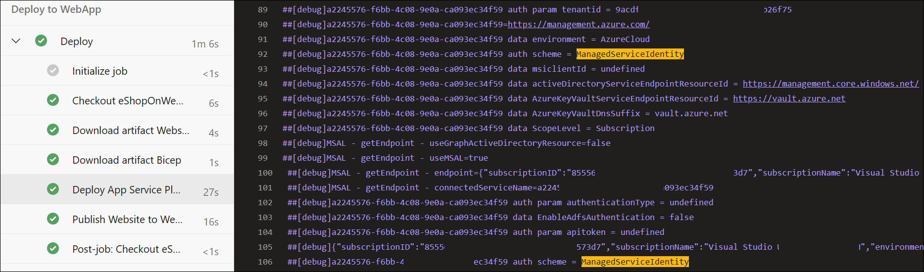 Captura de tela dos logs de pipeline usando a identidade gerenciada.