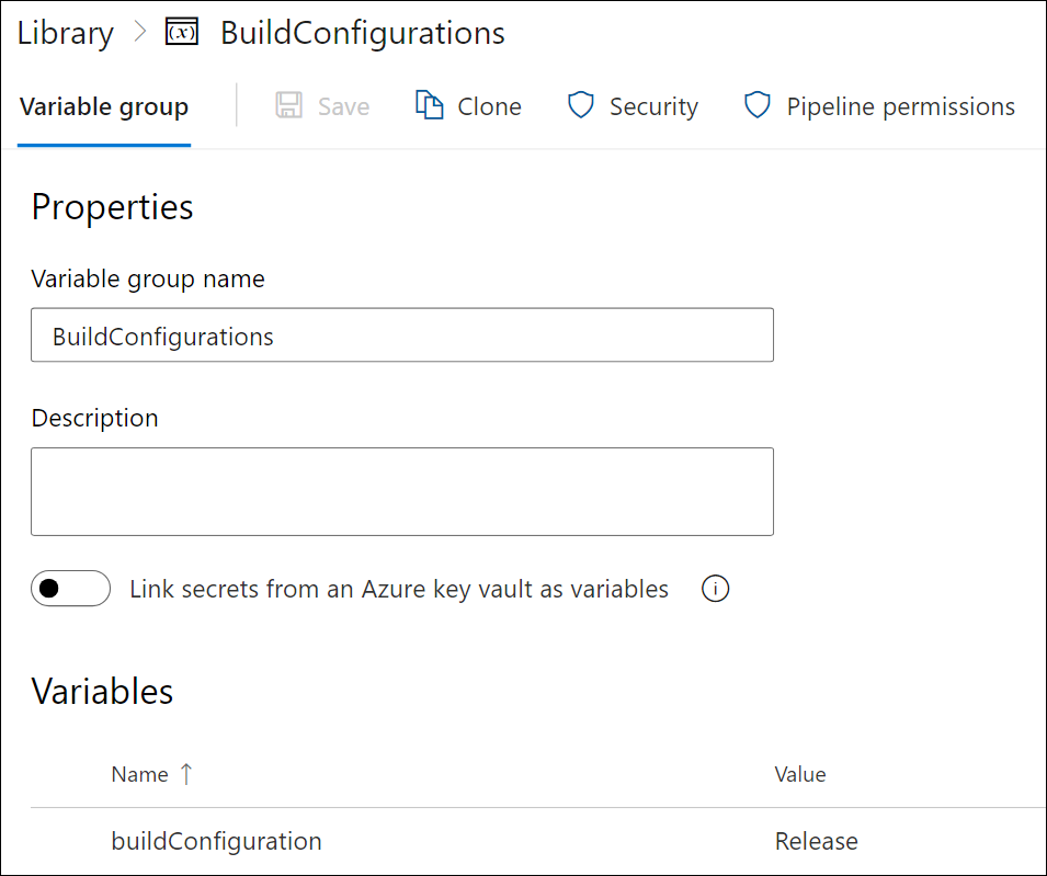 包含 BuildConfigurations 的变量组的屏幕截图。