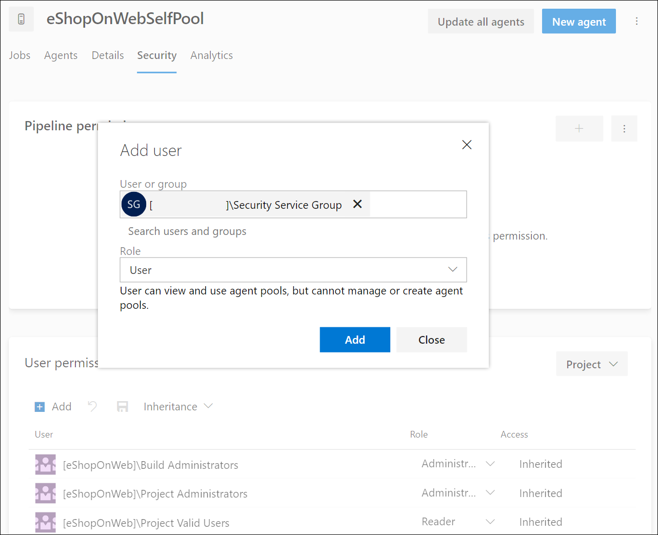 Screenshot showing the agent pool security configuration.