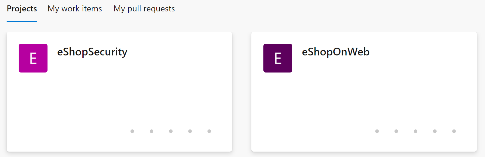 Screenshot of the Azure DevOps team projects eShopOnWeb and eShopSecurity.