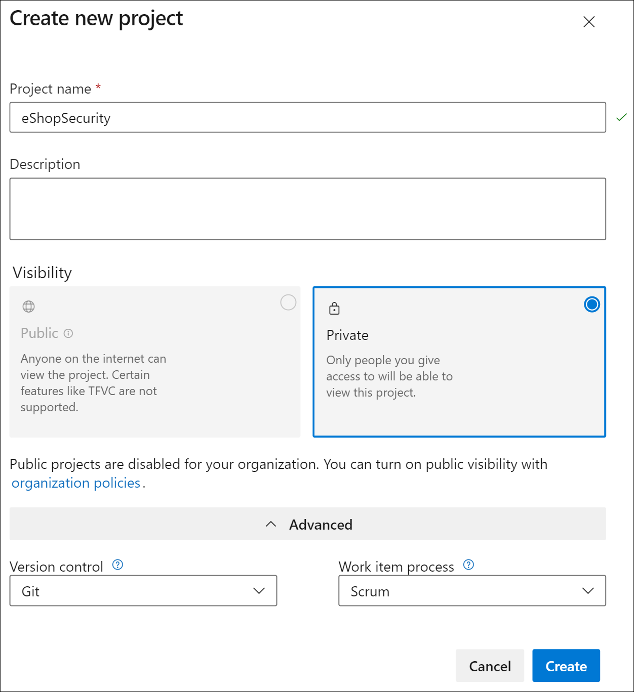 Screenshot of the new project dialog with the specified settings.