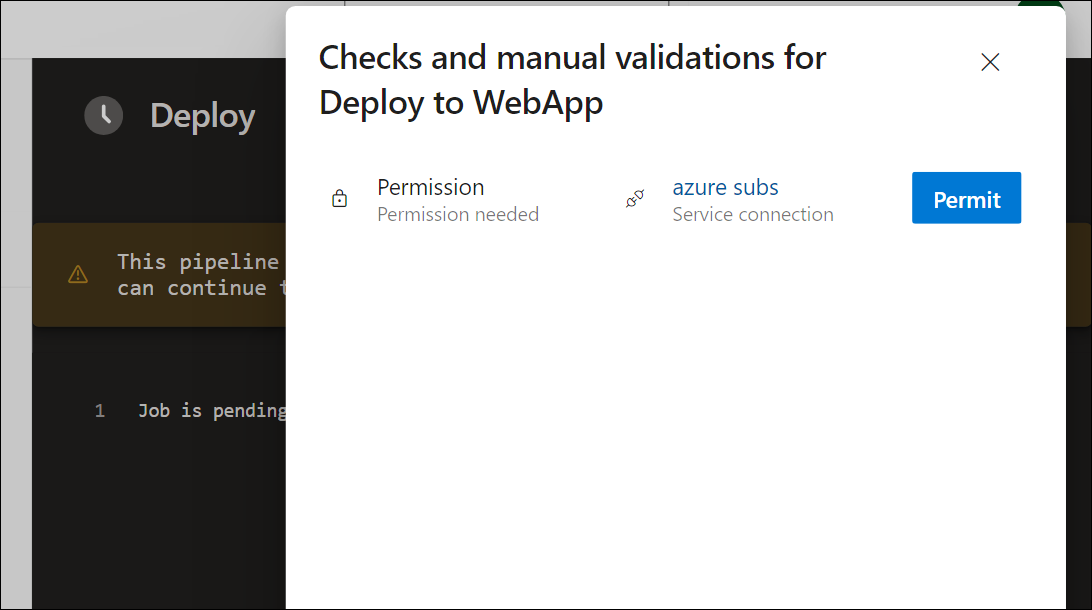 Screenshot of the permit access from the YAML pipeline.