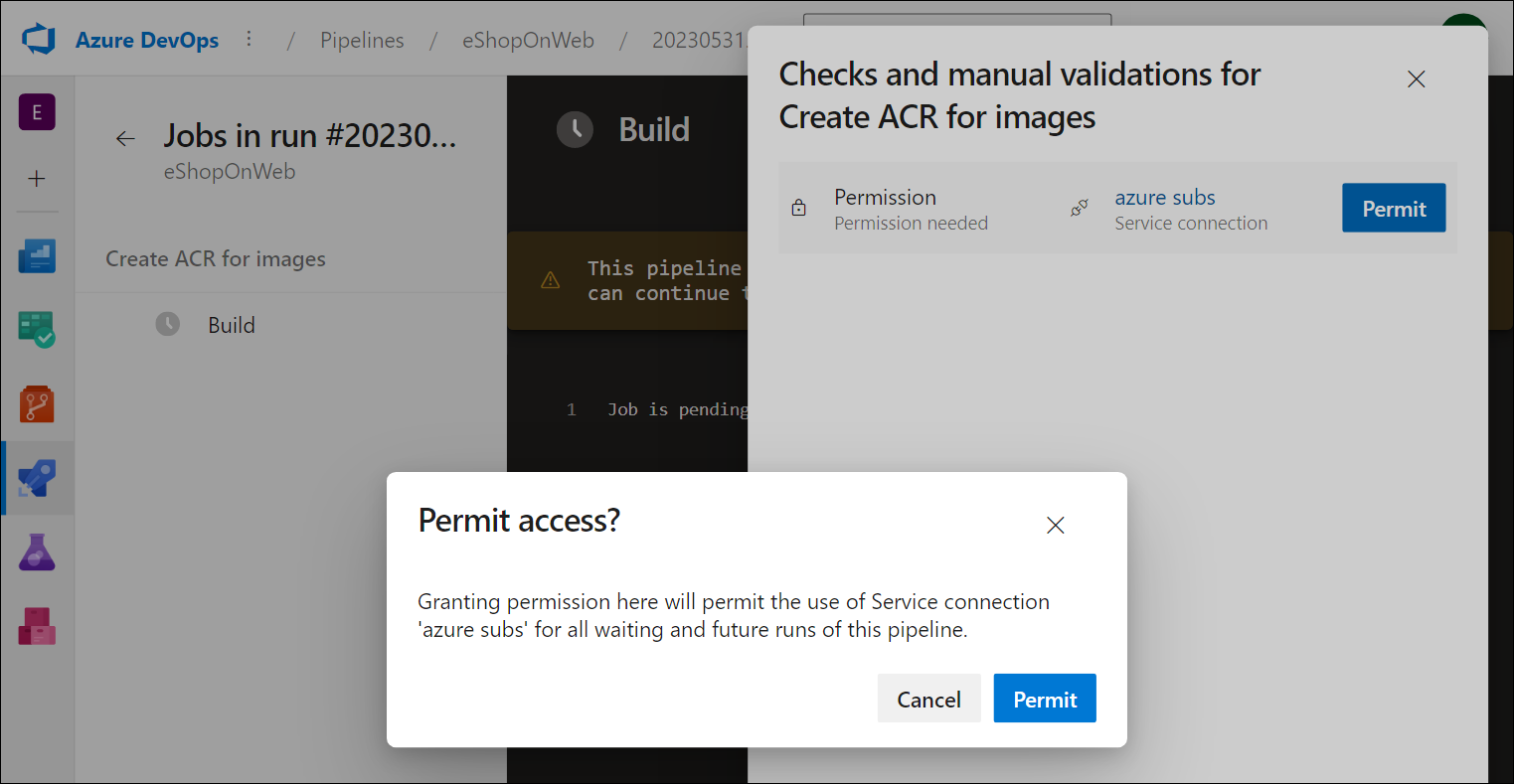 Screenshot of the permit access from the YAML pipeline.