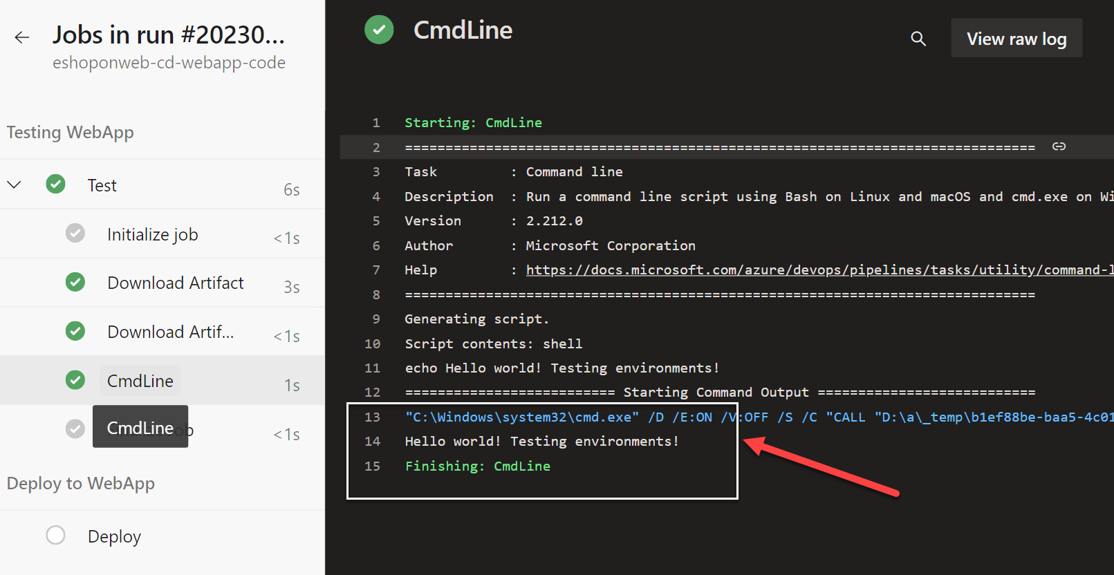 Screenshot of the pipeline log with the Testing WebApp stage executed successfully".