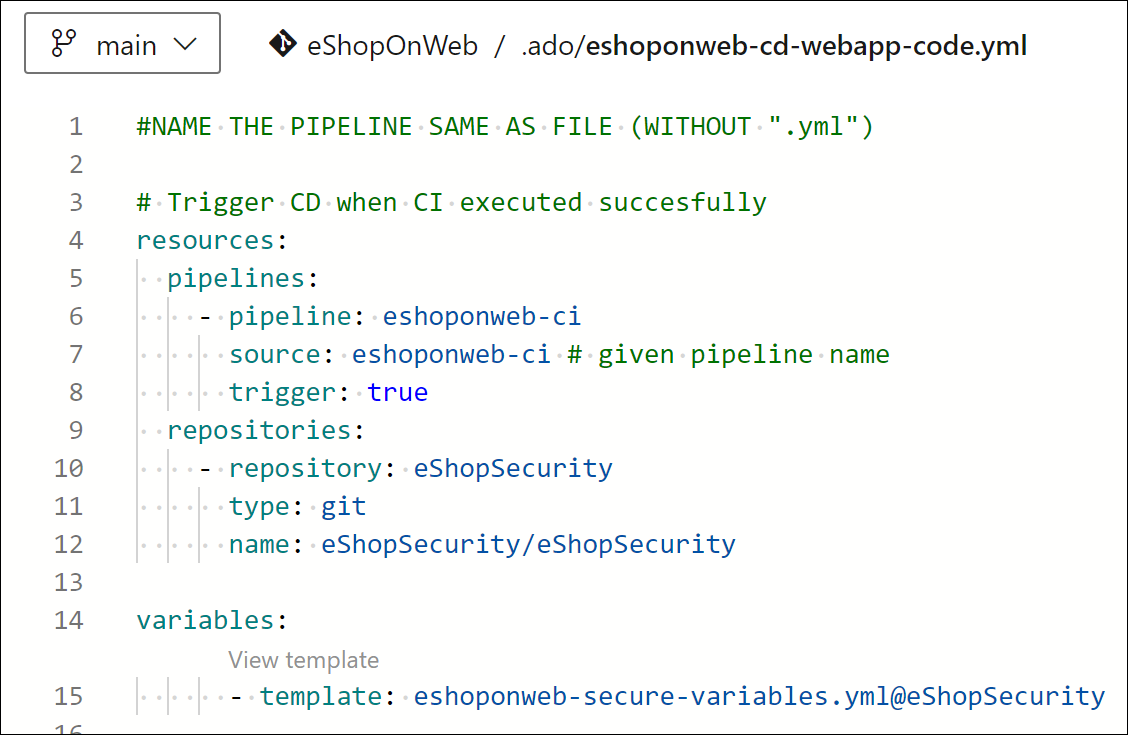 Screenshot of the pipeline definition with the new variables and resource sections.