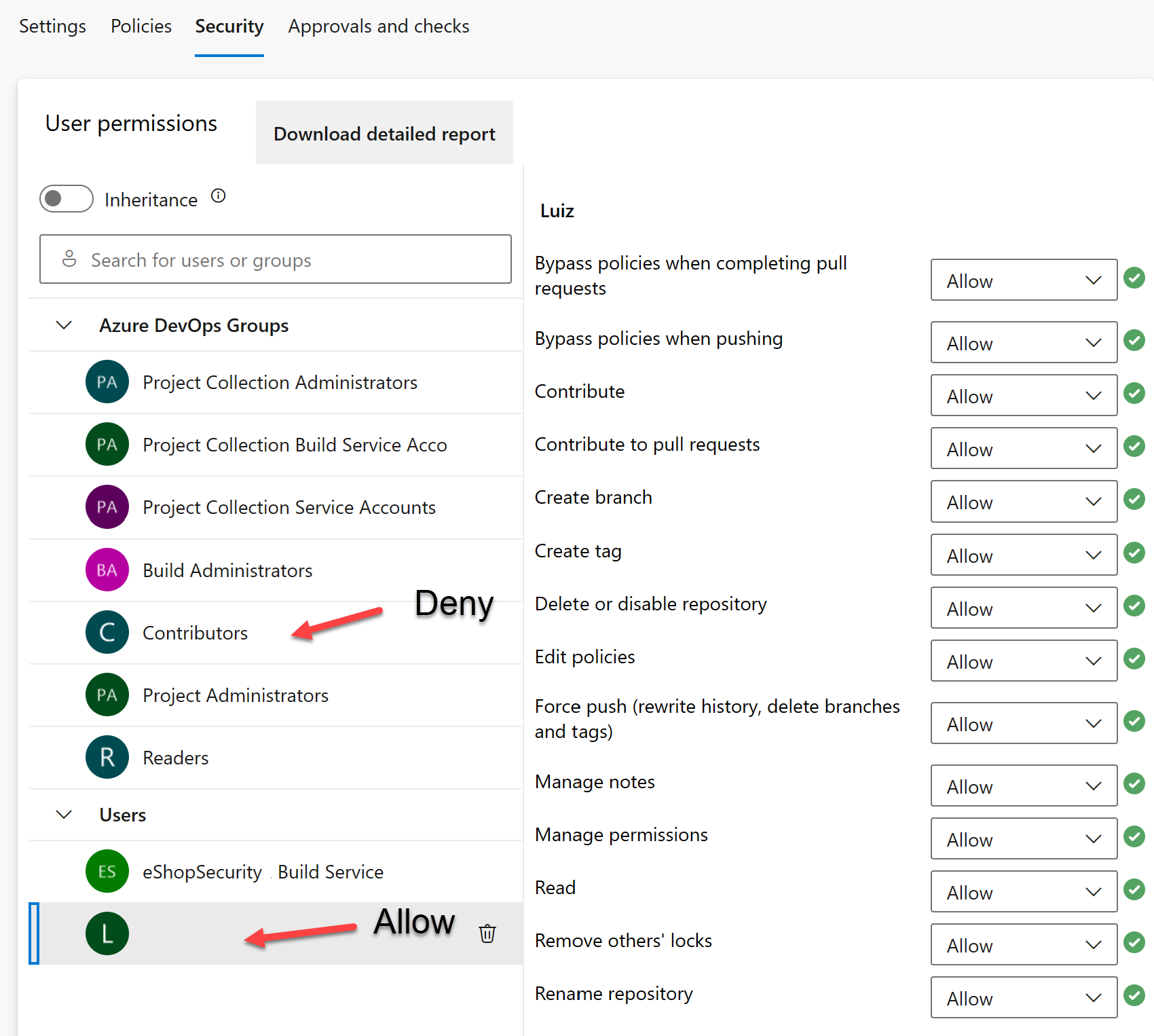 Screenshot of the repository security settings with allow for read and deny for all other permissions.