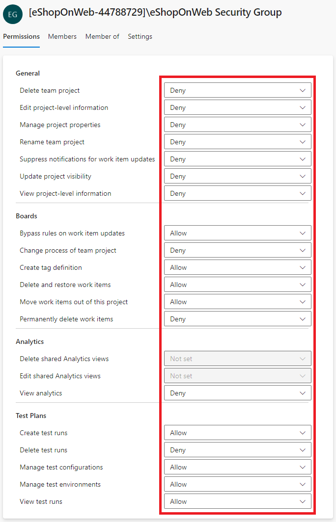 Screenshot showing the security group settings.