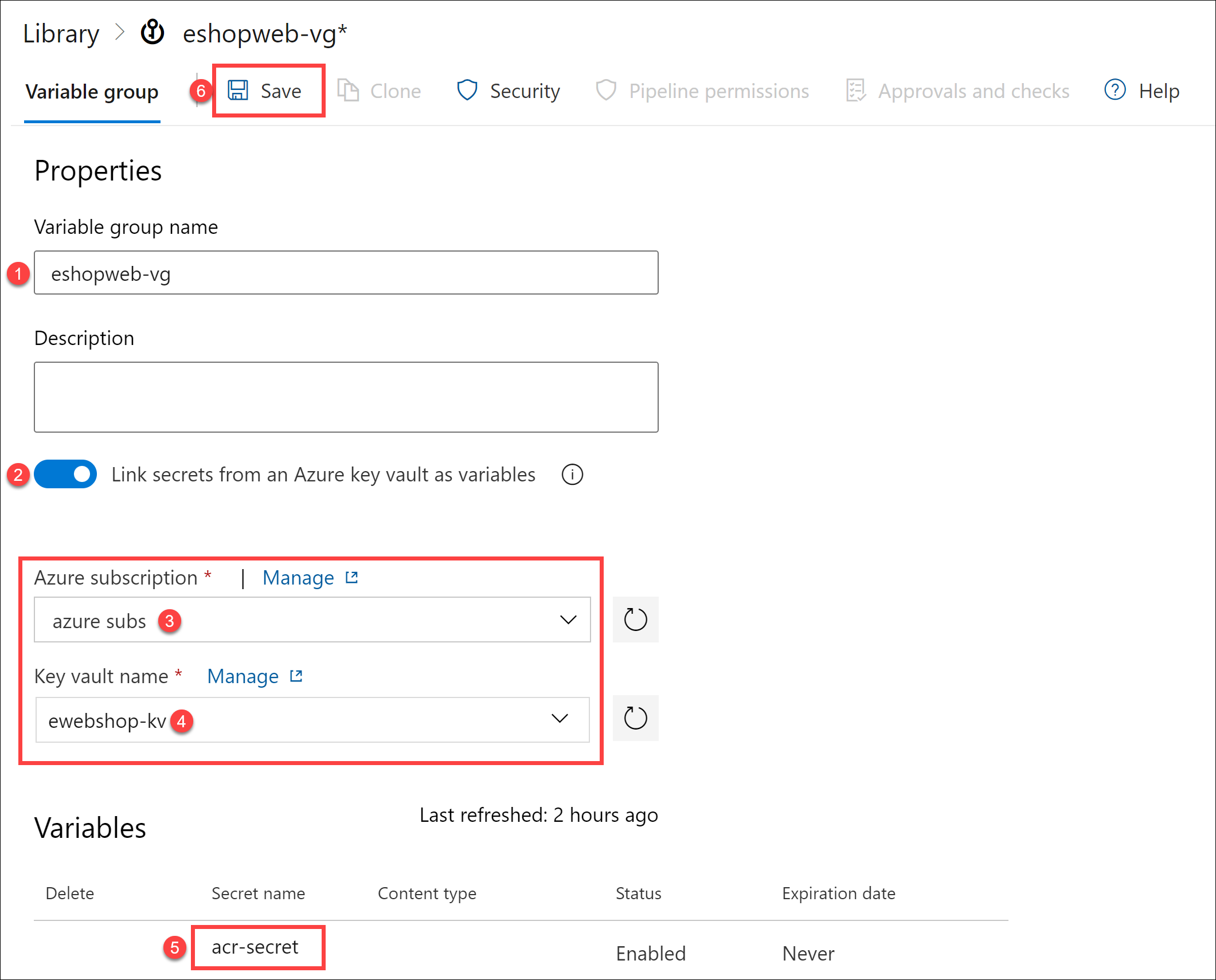 Screenshot of the variable group creation.