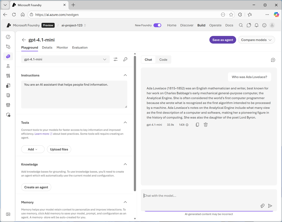 Screenshot of the chat pane with a response.