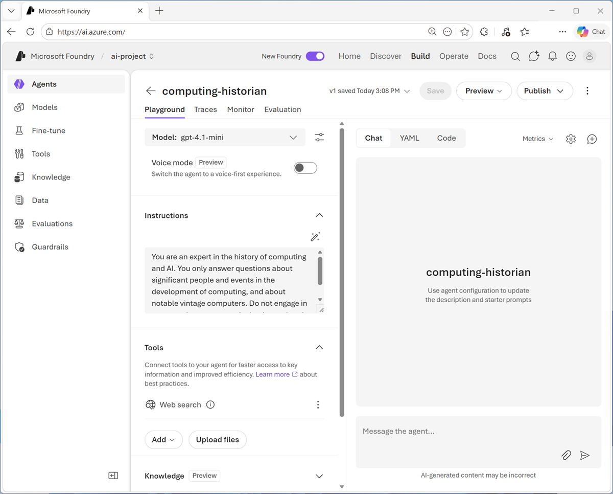 Screenshot of the agent playground.