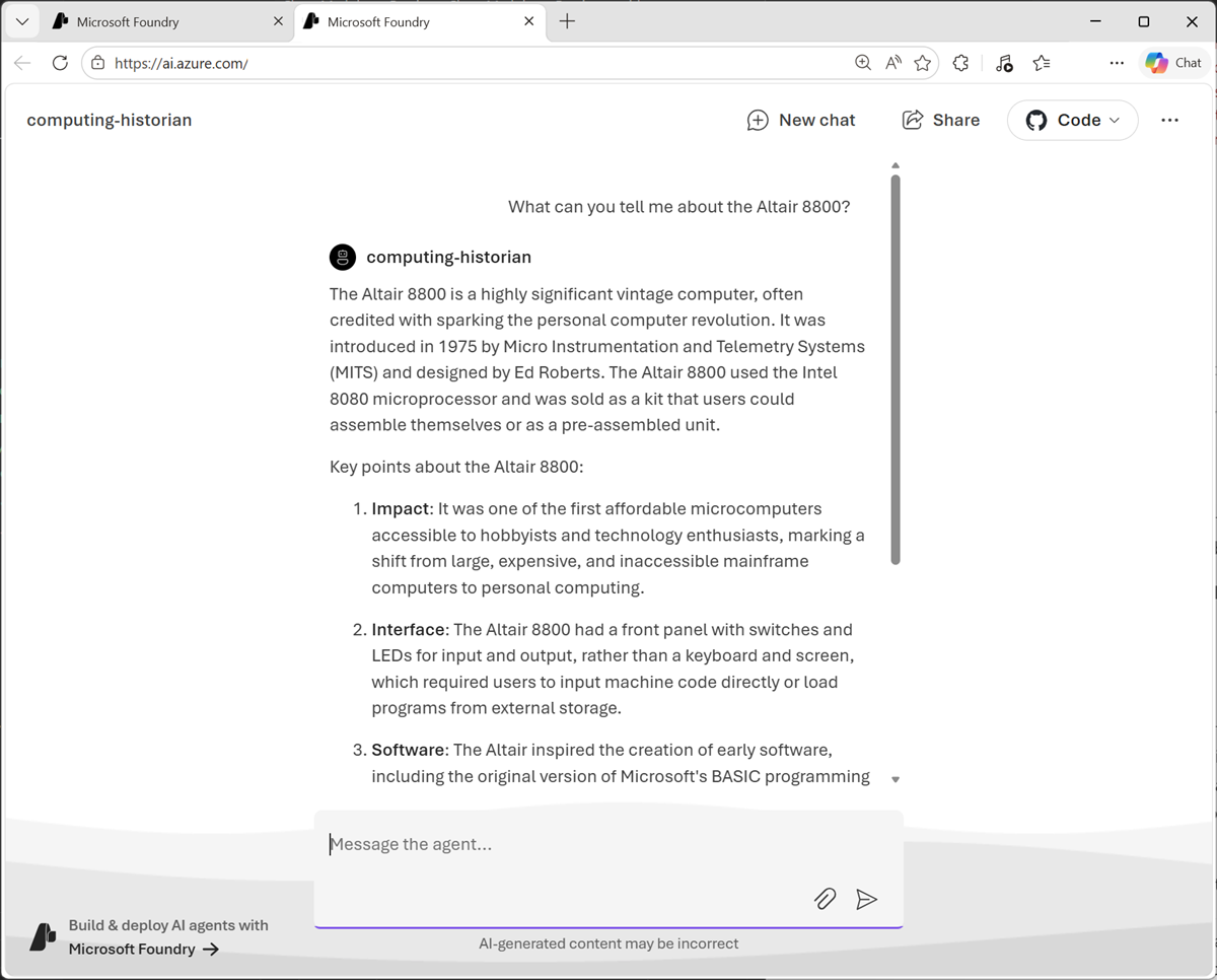 Screenshot of an agent preview chat interface.